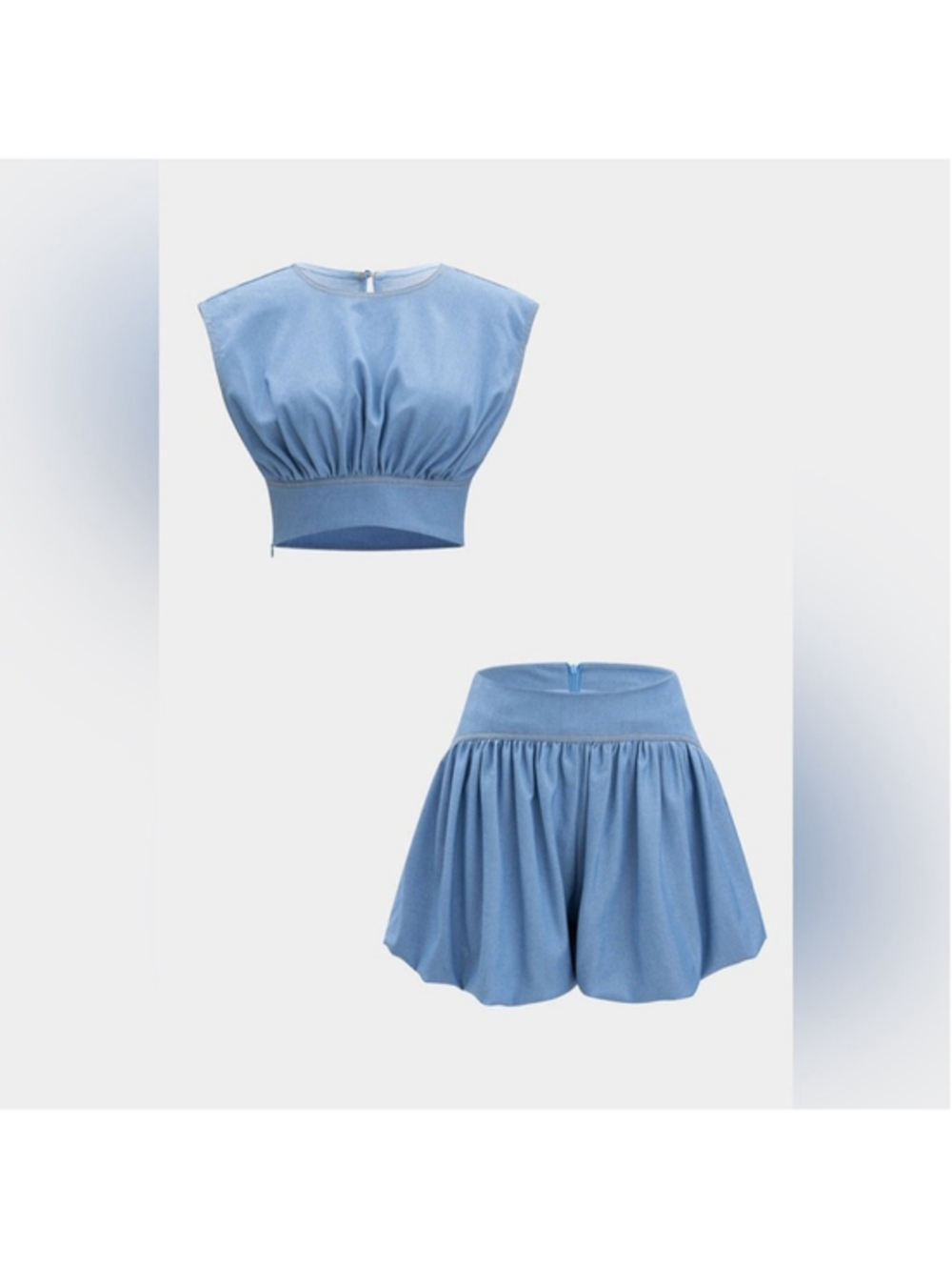Micas denim look bubble shorts crop top set S Ma2